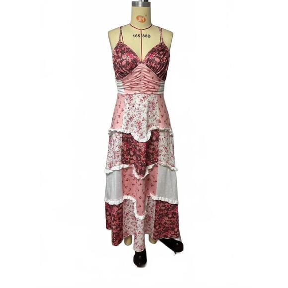 NEW ROSA CLOTHING parfait patchwork tiered floral maxi dress in pink - Picture 4 of 5